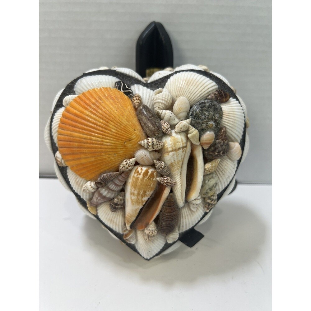 Heart shaped trinket box Seashells Black Velvet Lining 6” X 5” Coastal cottage
